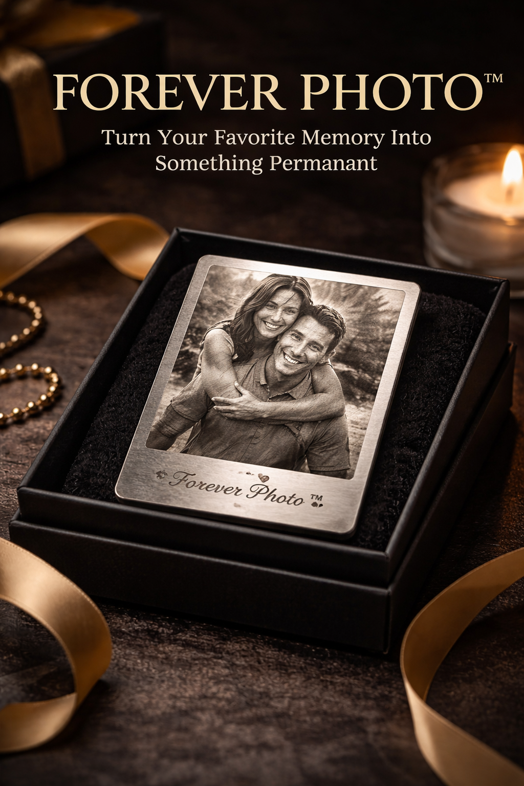 Photograph of a couple in a box labeled 'Forever Photo' with a candle and ribbon in the background.